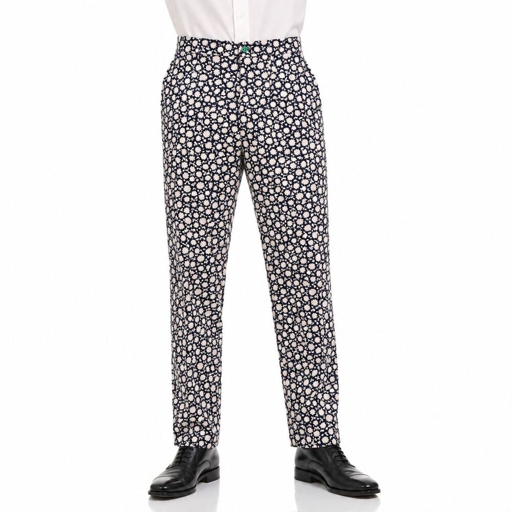Mens 34 Black Cream Floral Dress Pants Flat Front Straight Fit Cotton Trousers
